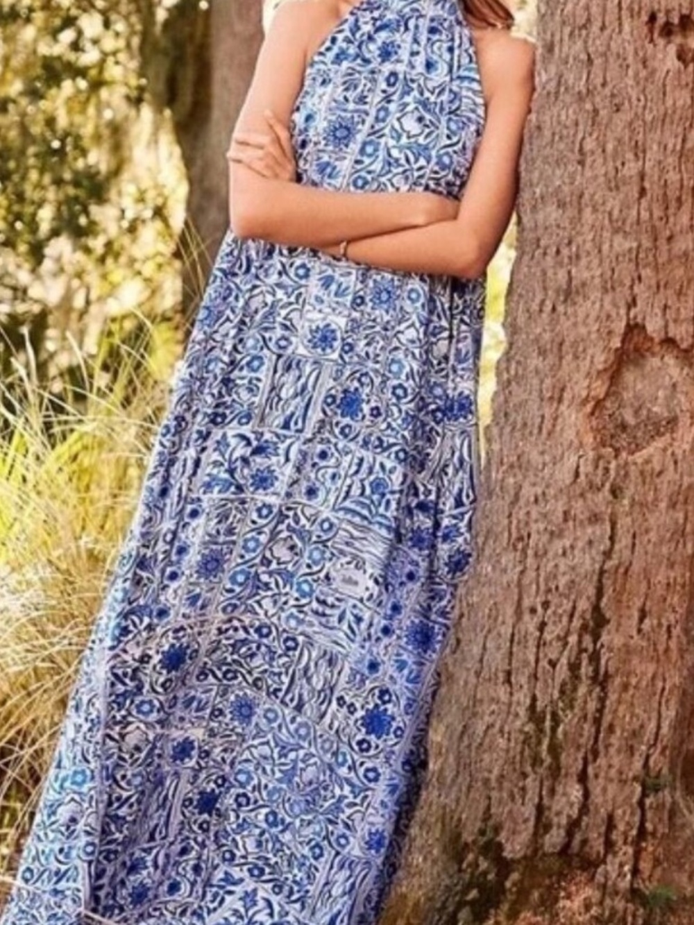 Ann Taylor petite halter maxi dress features blue and white floral print - Picture 4 of 10
